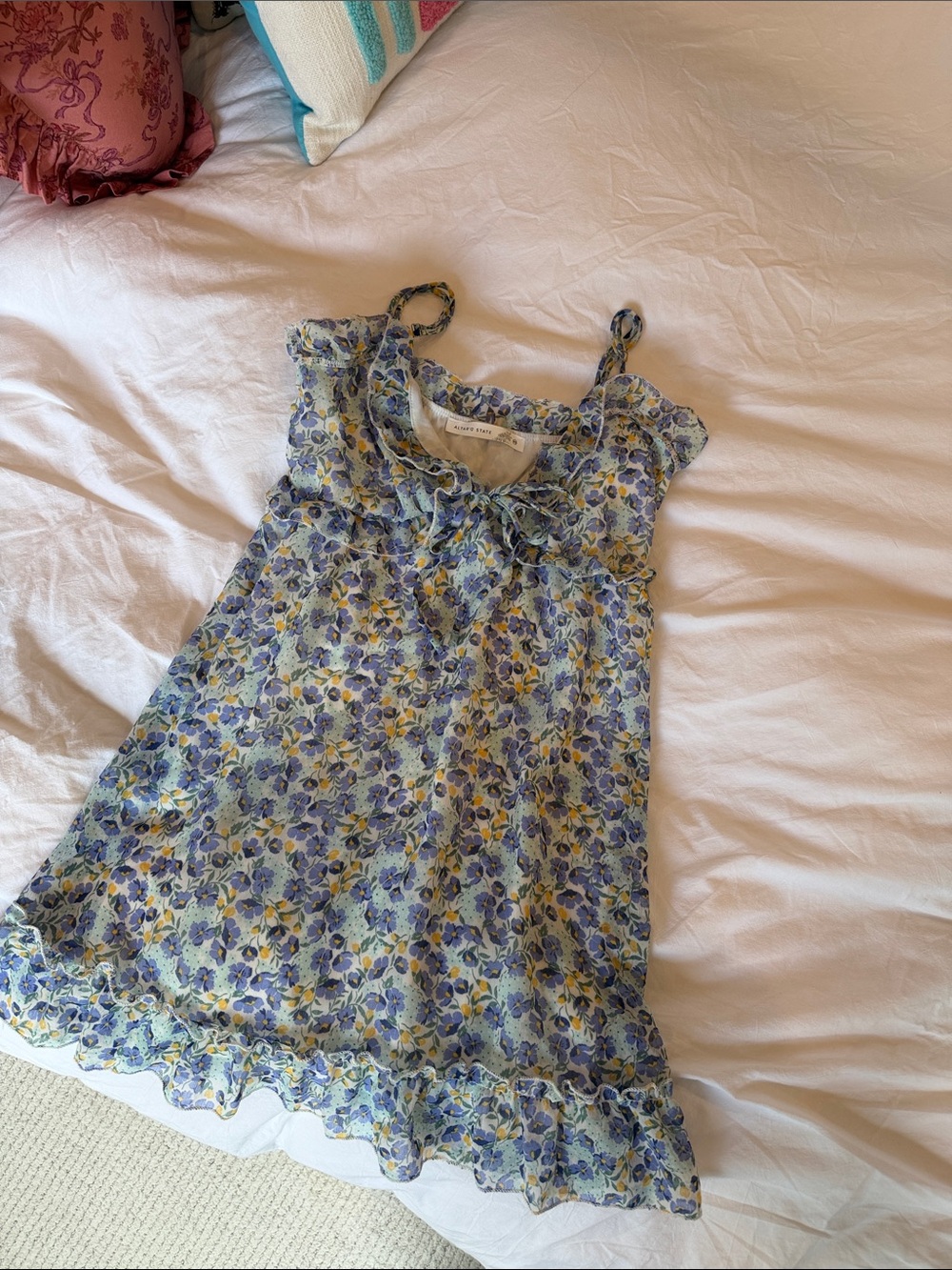 Altar'd State Blue & Yellow Floral Ruffle Slip Dress